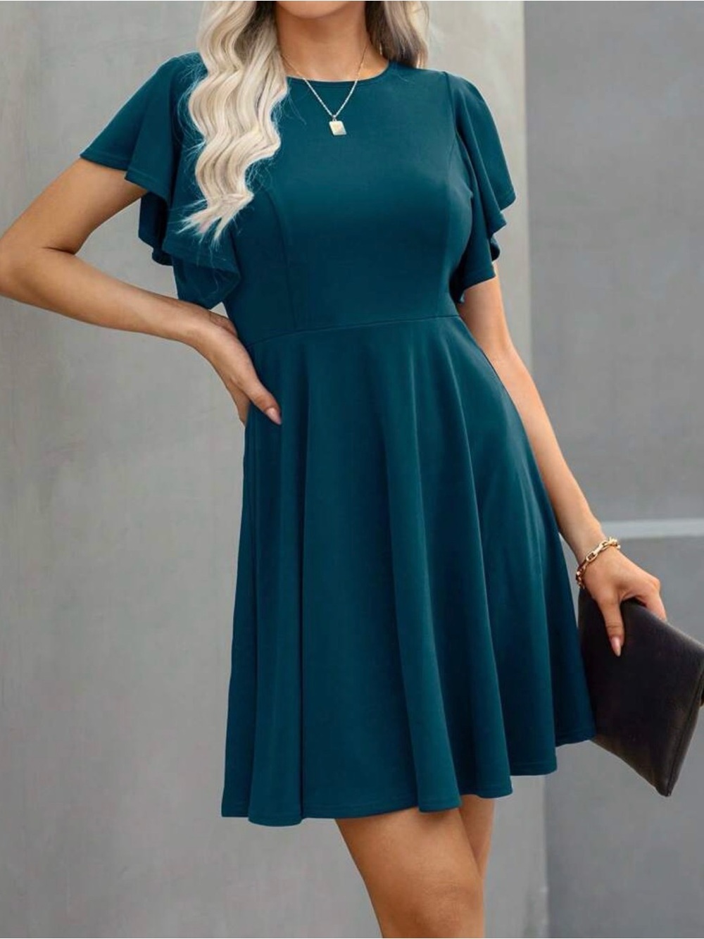 LIKE NEW SHEIN Clasi Solid Butterfly Sleeve A-line Dress - Teal Blue - Sz Med